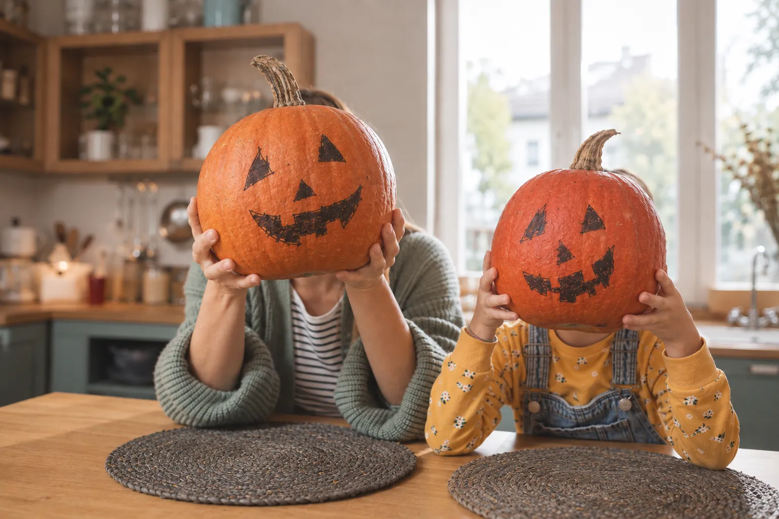 enfants avec une citrouille devant la tête 