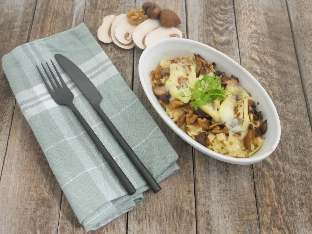 Gratin de crozet, châtaigne, champignons et noix